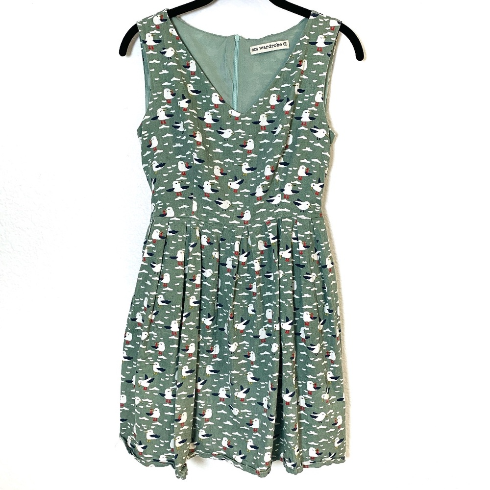 Green Mini Dress Seagull Bird Print Womens Small Whimsical Quirky Novelty Print